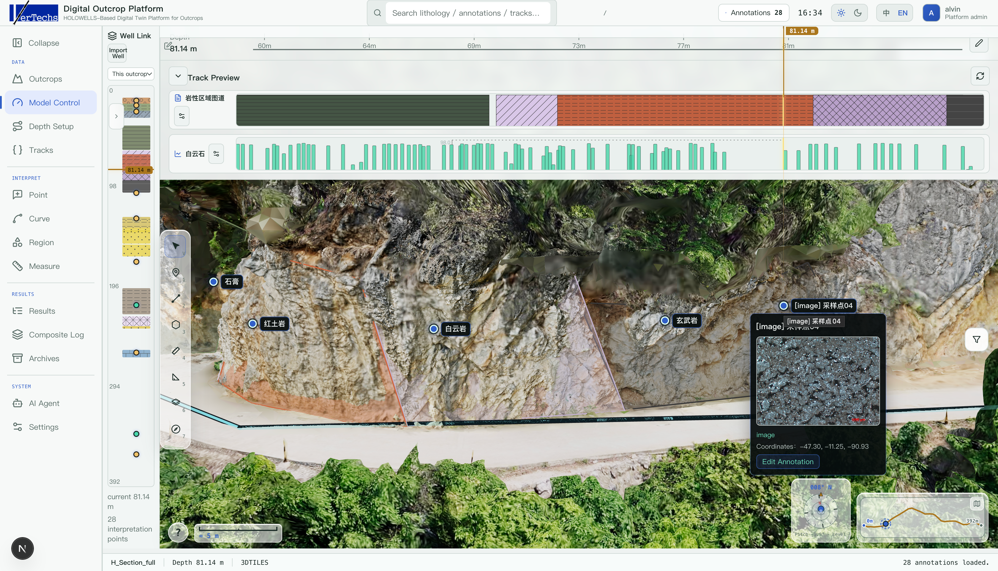 Digital Outcrop platform displaying an annotated geological outcrop model