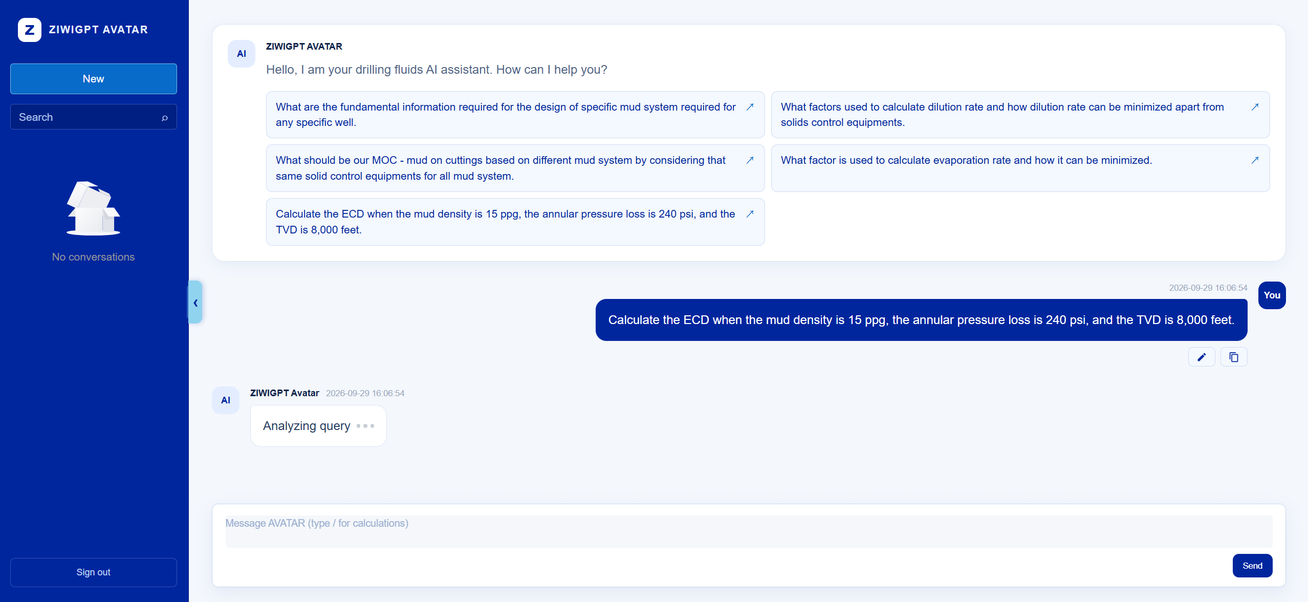 Expert Avatar Agent chat workspace with drilling fluids questions and an AI response